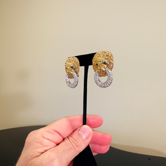 NWOT Authentic Vintage Retro Luxury Kenneth Jay Lane Lion Door Knocker Earrings - Picture 10 of 15